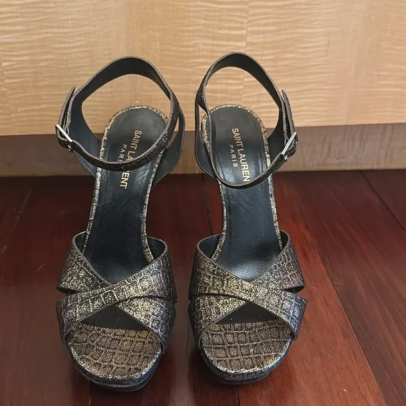 Saint Laurent Paris Metallic Bronze Leather Platform Sandals - Picture 2 of 7